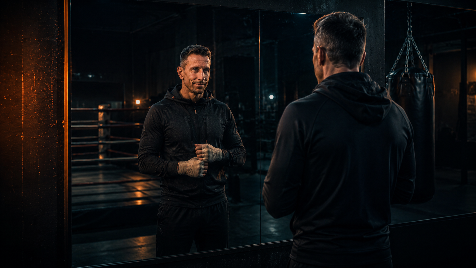 Trainierender vor dem Spiegel im Boxstudio – Begegnung mit sich selbst